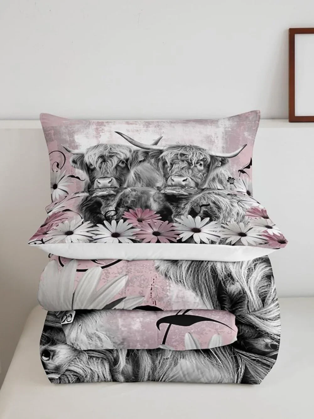 Highland Cow Twin Comforter Set,Western Longhorn Bull Bedding Sets,Pink Cowgirl